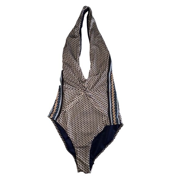 Reiss Women's Plunge V-Neck Print One Piece Halter Swimsuit Blue US Size 4 - Picture 2 of 16